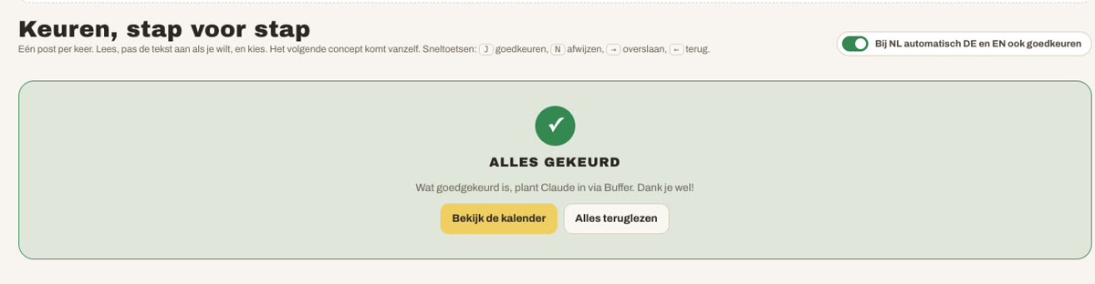 Het keurscherm van de social-straat met de melding Alles gekeurd